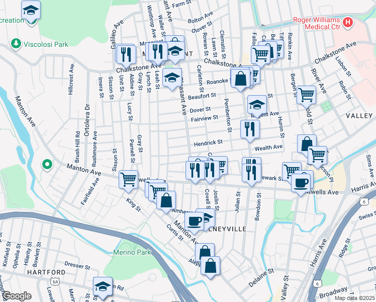map of restaurants, bars, coffee shops, grocery stores, and more near 141 Hendrick Street in Providence