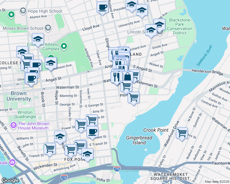 map of restaurants, bars, coffee shops, grocery stores, and more near 106 East Manning Street in Providence
