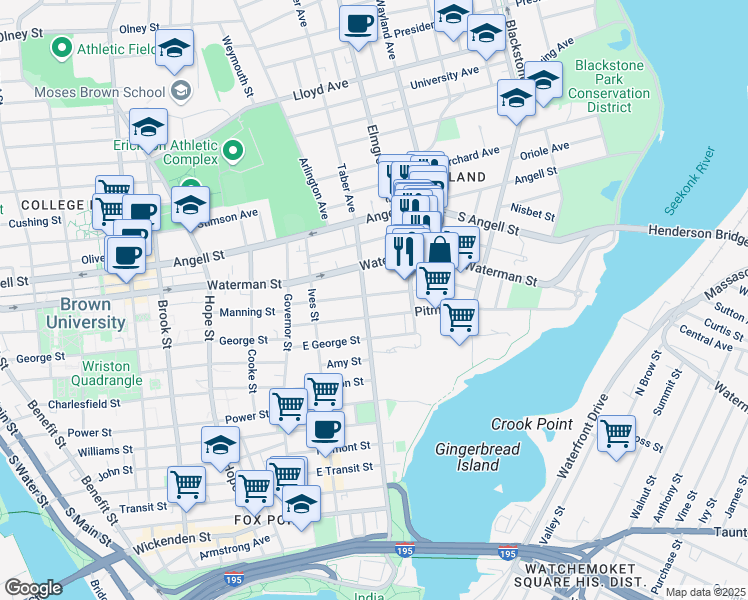 map of restaurants, bars, coffee shops, grocery stores, and more near 106 East Manning Street in Providence