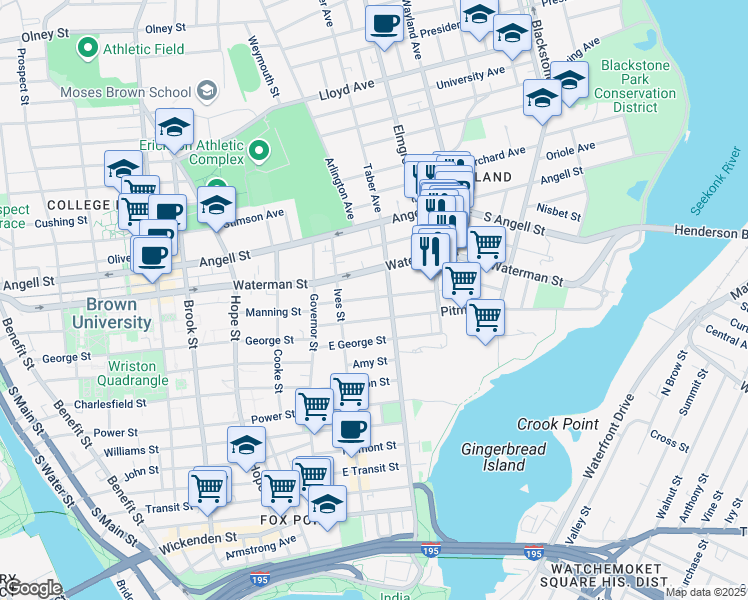 map of restaurants, bars, coffee shops, grocery stores, and more near 238 Gano Street in Providence