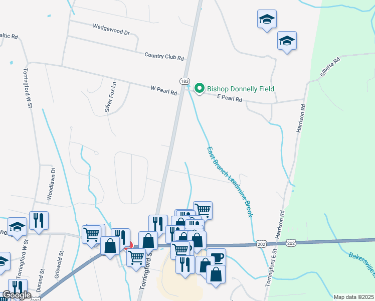 map of restaurants, bars, coffee shops, grocery stores, and more near 1383 Torringford Street in Torrington