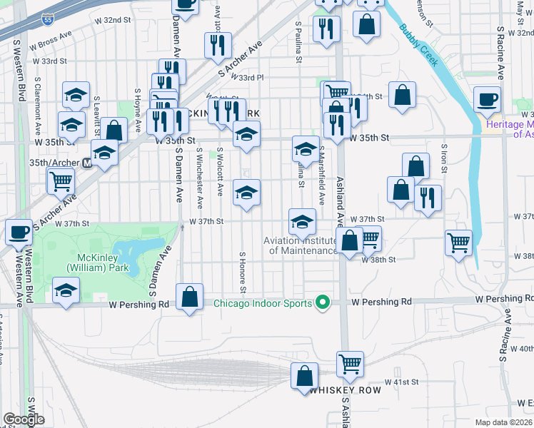map of restaurants, bars, coffee shops, grocery stores, and more near 3636 South Wood Street in Chicago