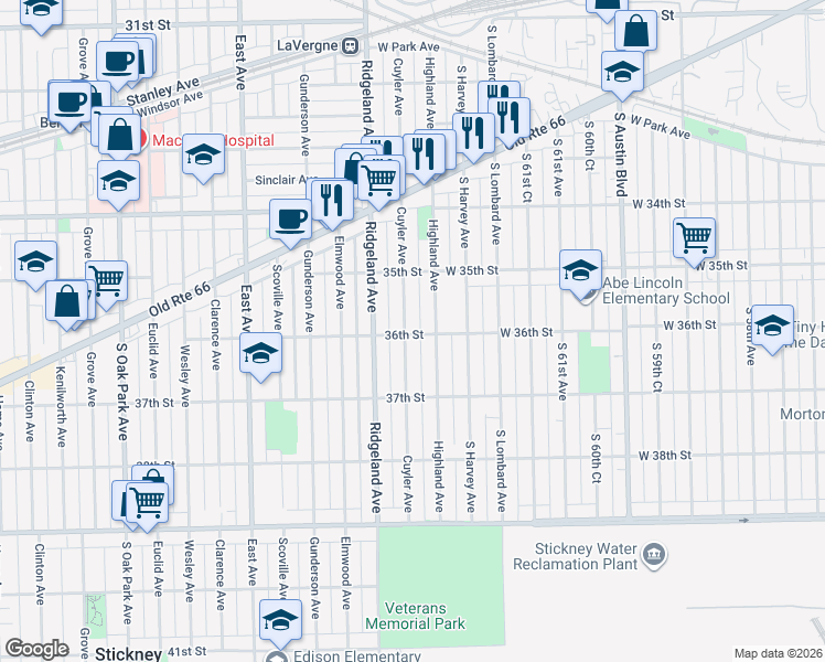 map of restaurants, bars, coffee shops, grocery stores, and more near 3537 Cuyler Avenue in Berwyn