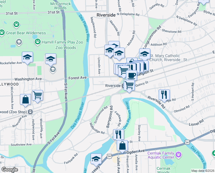 map of restaurants, bars, coffee shops, grocery stores, and more near 62 Pine Avenue in Riverside