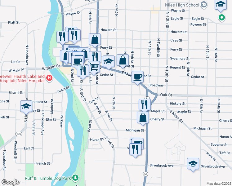 map of restaurants, bars, coffee shops, grocery stores, and more near 7 South 7th Street in Niles