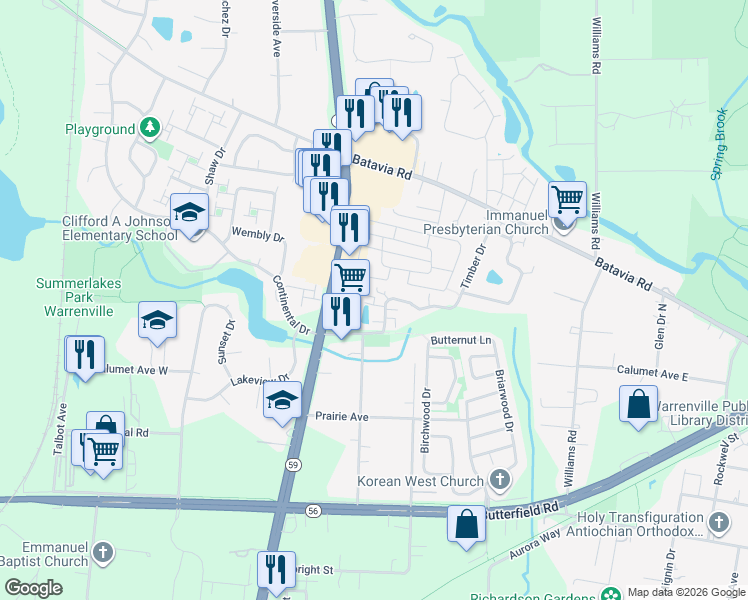map of restaurants, bars, coffee shops, grocery stores, and more near 3S094 Timber Drive in Warrenville