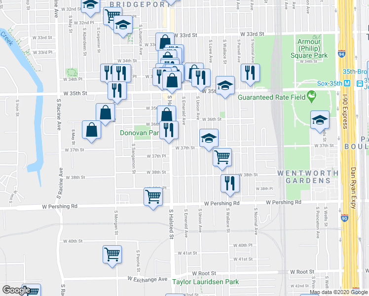 map of restaurants, bars, coffee shops, grocery stores, and more near South Emerald Avenue & West 37th Street in Chicago