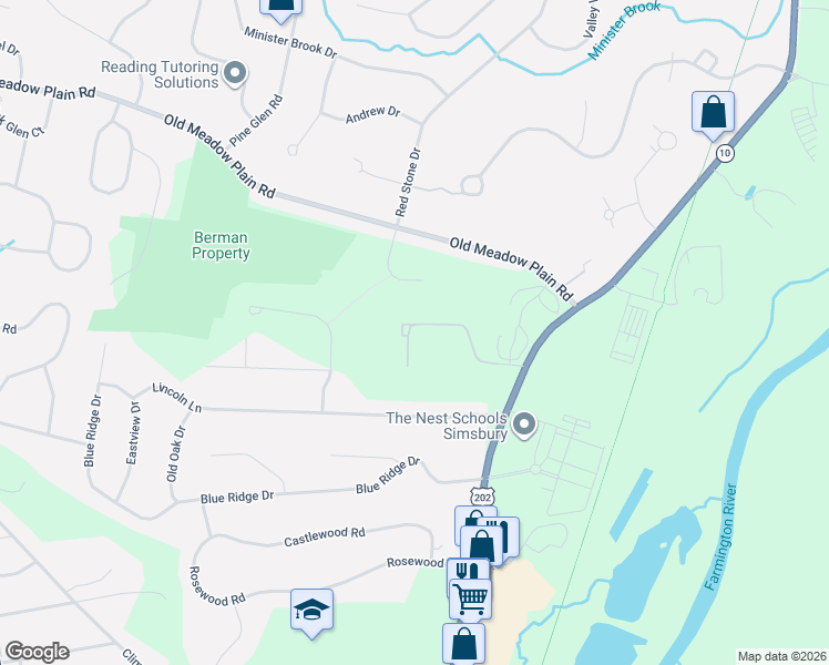 map of restaurants, bars, coffee shops, grocery stores, and more near 81 Hilltop Drive in Simsbury