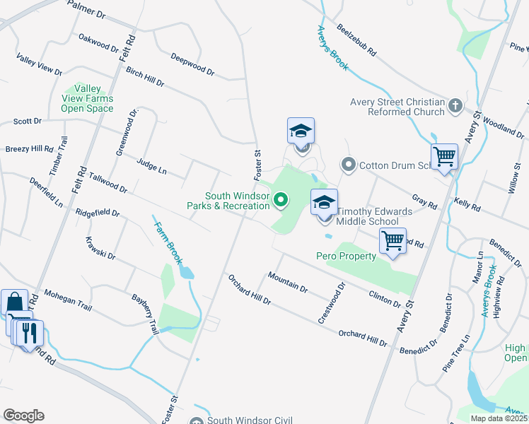 map of restaurants, bars, coffee shops, grocery stores, and more near 350 Foster Street in South Windsor