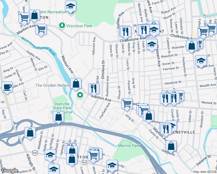 map of restaurants, bars, coffee shops, grocery stores, and more near 51 Rushmore Avenue in Providence