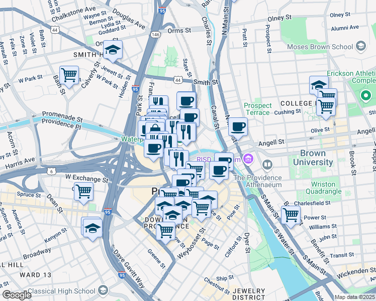 map of restaurants, bars, coffee shops, grocery stores, and more near 200 Exchange Street in Providence