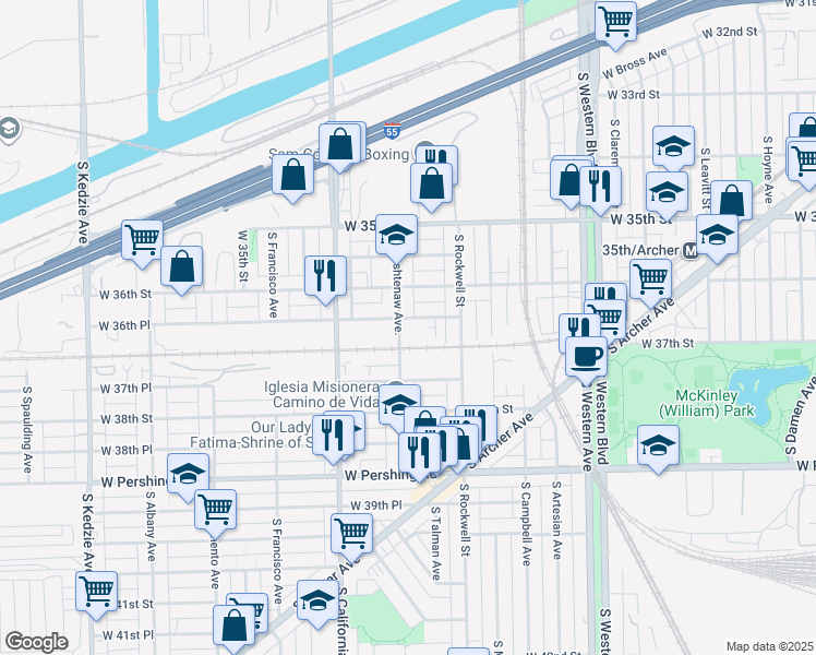 map of restaurants, bars, coffee shops, grocery stores, and more near 2638 West 36th Place in Chicago