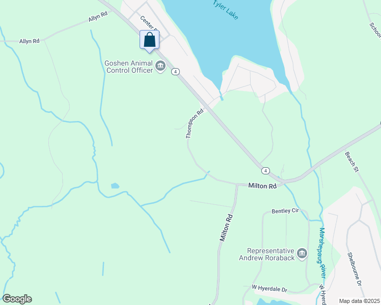 map of restaurants, bars, coffee shops, grocery stores, and more near Thompson Road in Goshen