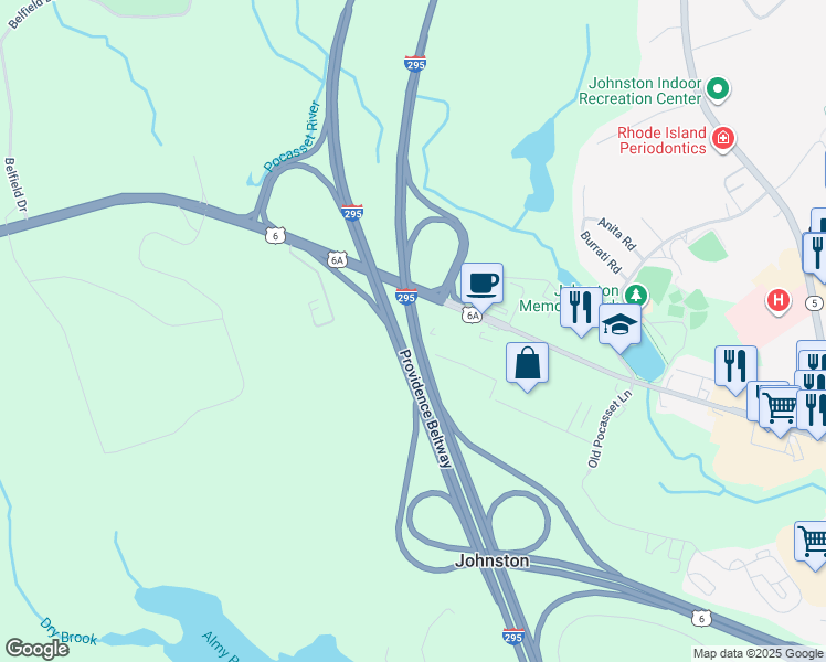 map of restaurants, bars, coffee shops, grocery stores, and more near Providence Beltway in Johnston