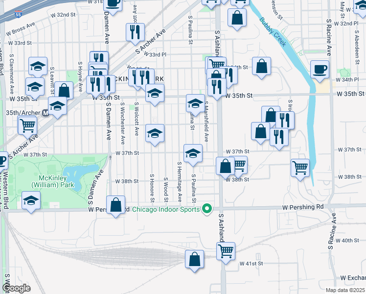 map of restaurants, bars, coffee shops, grocery stores, and more near 3653 South Hermitage Avenue in Chicago