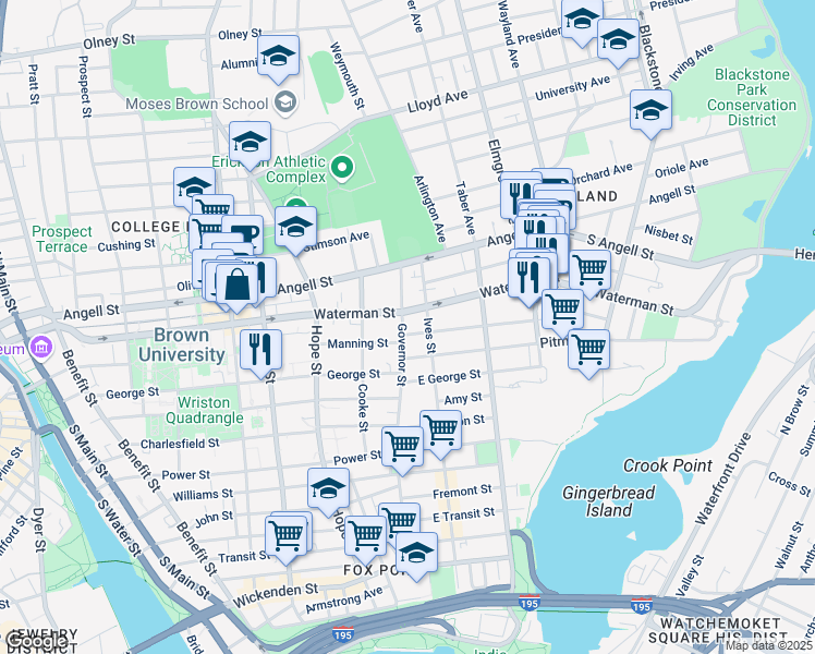 map of restaurants, bars, coffee shops, grocery stores, and more near 163 Waterman Street in Providence