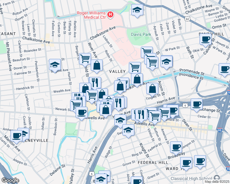 map of restaurants, bars, coffee shops, grocery stores, and more near 429 Valley Street in Providence