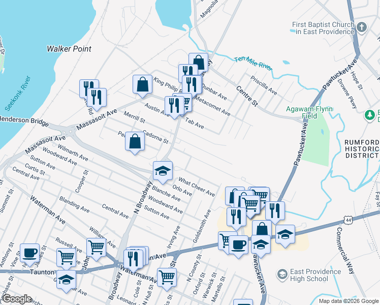 map of restaurants, bars, coffee shops, grocery stores, and more near 24 Dewey Avenue in East Providence