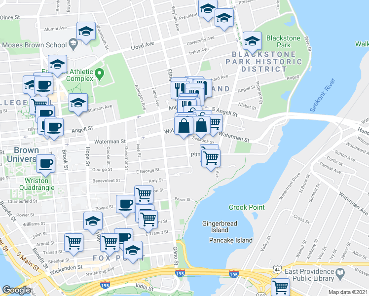 map of restaurants, bars, coffee shops, grocery stores, and more near 106 East Manning Street in Providence