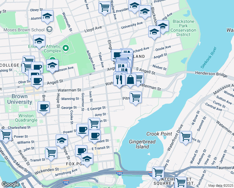 map of restaurants, bars, coffee shops, grocery stores, and more near 106 East Manning Street in Providence