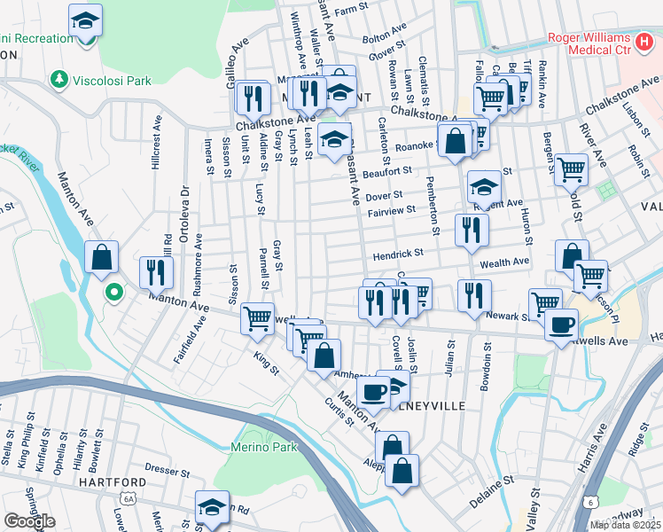 map of restaurants, bars, coffee shops, grocery stores, and more near 130 Erastus Street in Providence