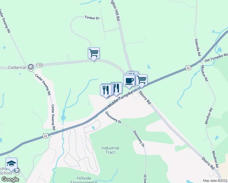 map of restaurants, bars, coffee shops, grocery stores, and more near 611 Middle Turnpike in Mansfield