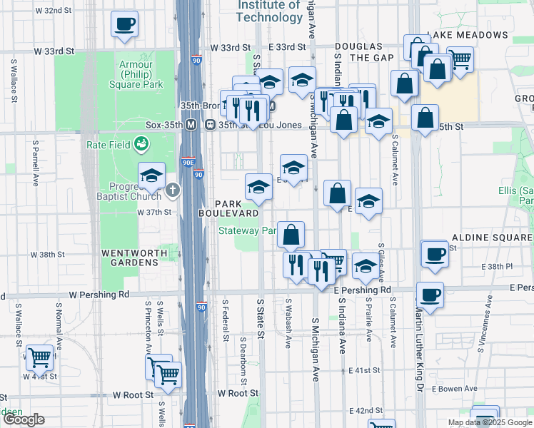 map of restaurants, bars, coffee shops, grocery stores, and more near 14 East 37th Street in Chicago