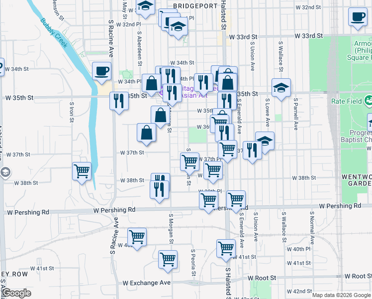 map of restaurants, bars, coffee shops, grocery stores, and more near 3700 South Sangamon Street in Chicago