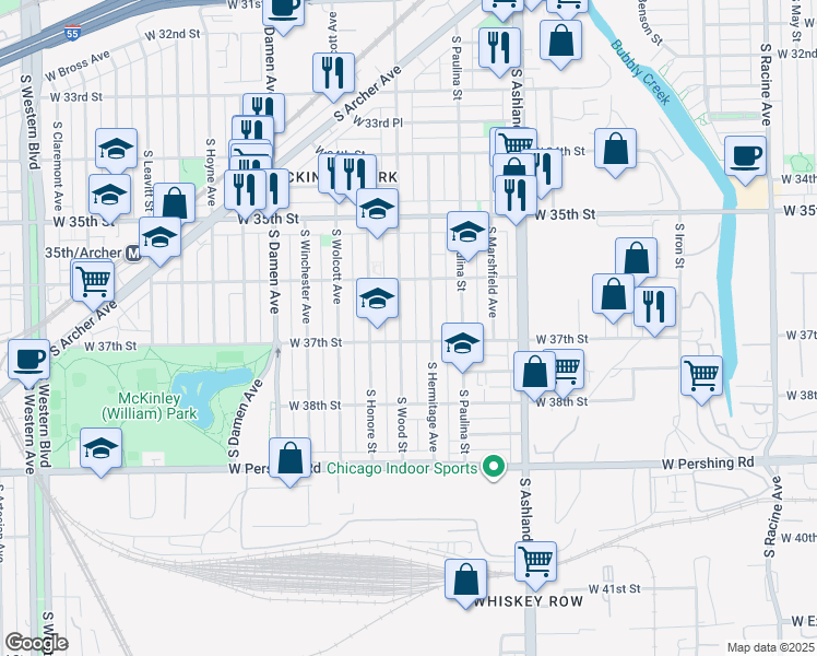 map of restaurants, bars, coffee shops, grocery stores, and more near 3636 South Wood Street in Chicago