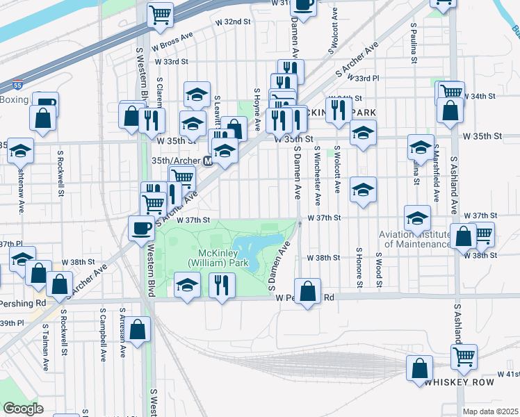 map of restaurants, bars, coffee shops, grocery stores, and more near 3632 South Hoyne Avenue in Chicago