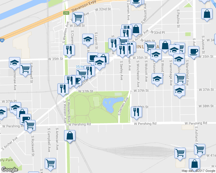 map of restaurants, bars, coffee shops, grocery stores, and more near 3632 South Hoyne Avenue in Chicago