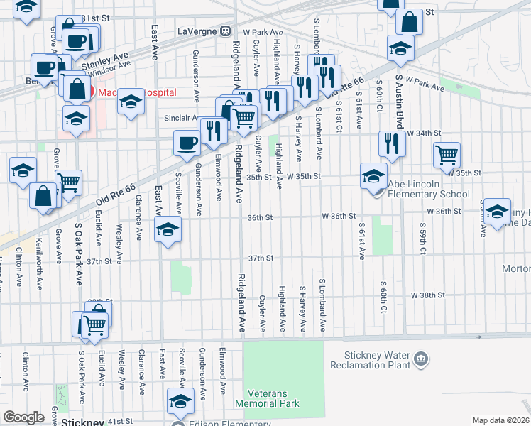 map of restaurants, bars, coffee shops, grocery stores, and more near 3537 Cuyler Avenue in Berwyn