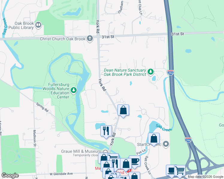 map of restaurants, bars, coffee shops, grocery stores, and more near 3403 York Road in Oak Brook