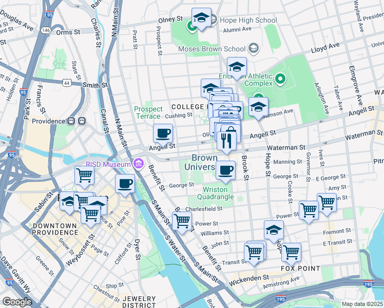 map of restaurants, bars, coffee shops, grocery stores, and more near 72 Waterman Street in Providence