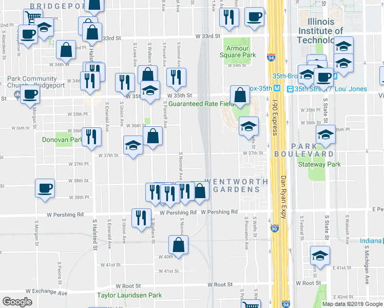 map of restaurants, bars, coffee shops, grocery stores, and more near South Canal Street & West 37th Street in Chicago