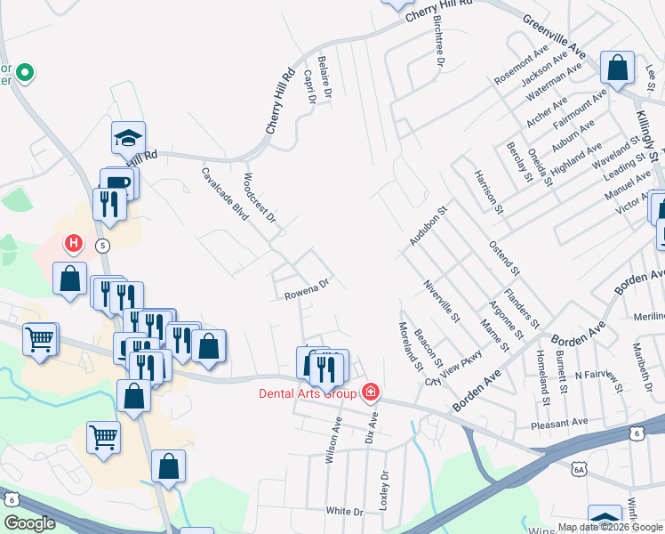 map of restaurants, bars, coffee shops, grocery stores, and more near 12 Birchwood Drive in Johnston