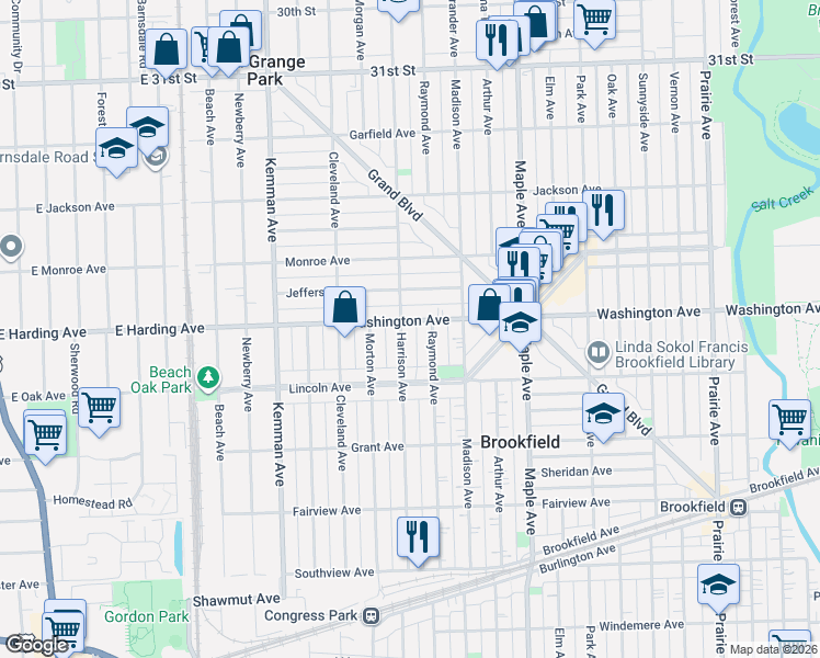 map of restaurants, bars, coffee shops, grocery stores, and more near in Brookfield