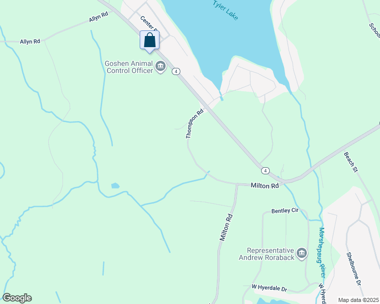 map of restaurants, bars, coffee shops, grocery stores, and more near Thompson Road in Goshen