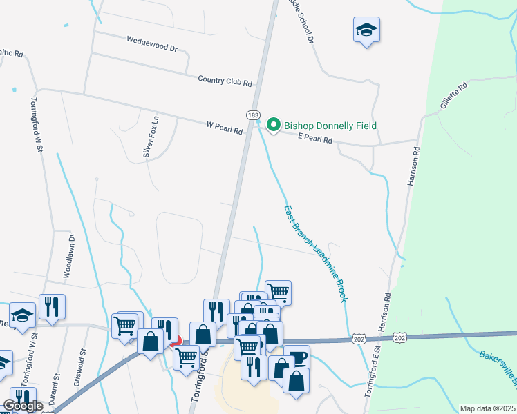 map of restaurants, bars, coffee shops, grocery stores, and more near 1360 Torringford Street in Torrington
