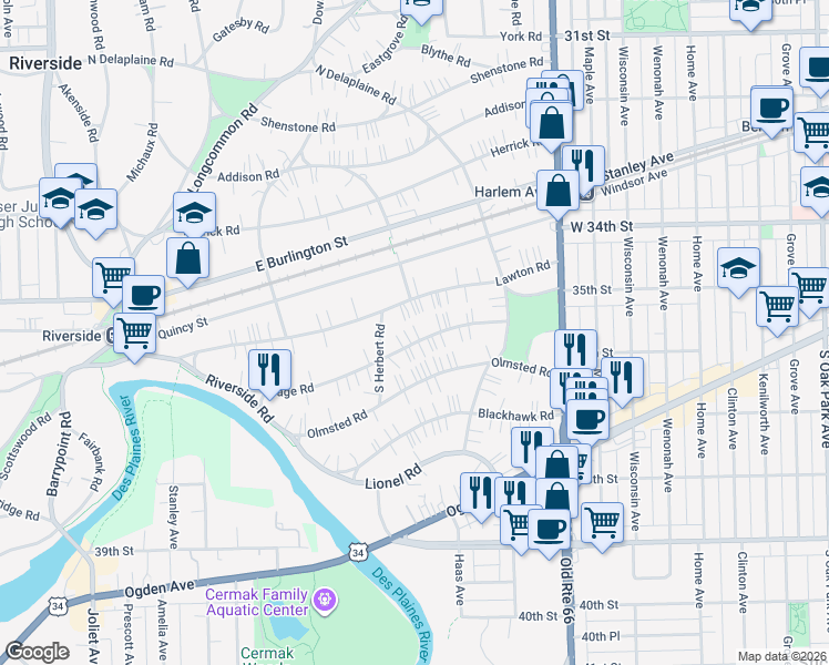 map of restaurants, bars, coffee shops, grocery stores, and more near 260 Gage Road in Riverside
