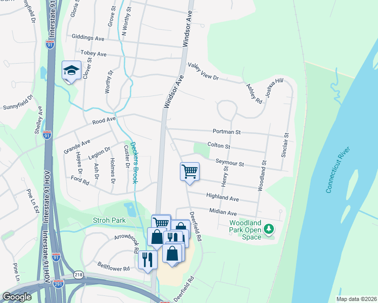 map of restaurants, bars, coffee shops, grocery stores, and more near 5 Seymour Street in Windsor