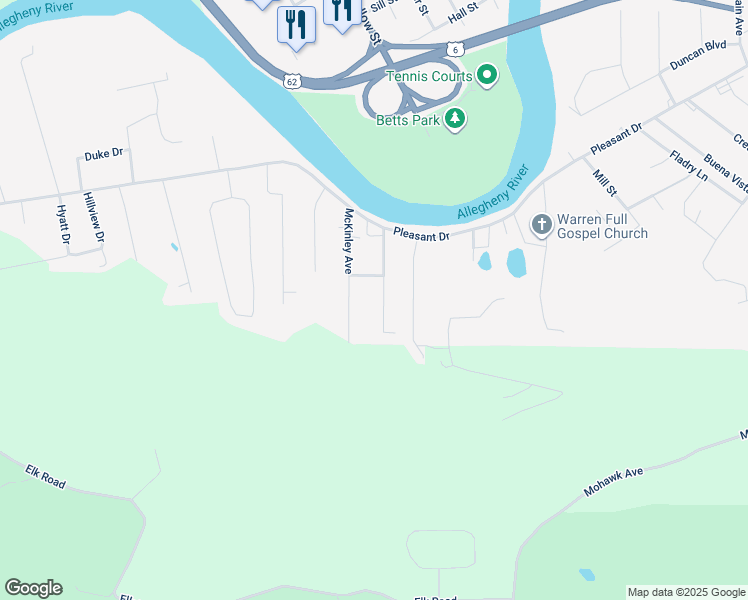 map of restaurants, bars, coffee shops, grocery stores, and more near 64 Fuller Avenue in Warren