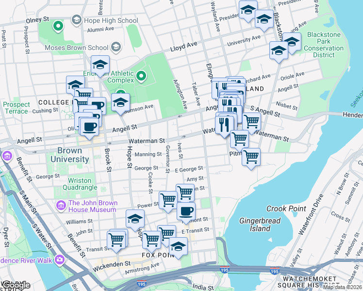map of restaurants, bars, coffee shops, grocery stores, and more near 339 Ives Street in Providence
