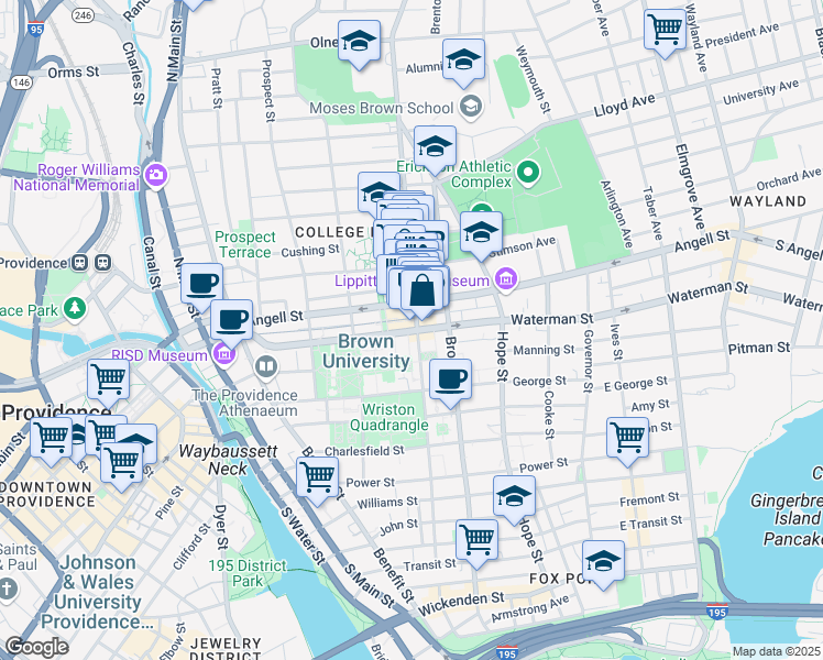 map of restaurants, bars, coffee shops, grocery stores, and more near 216 Thayer Street in Providence