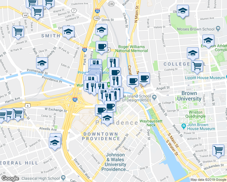 map of restaurants, bars, coffee shops, grocery stores, and more near 200 Exchange Street in Providence