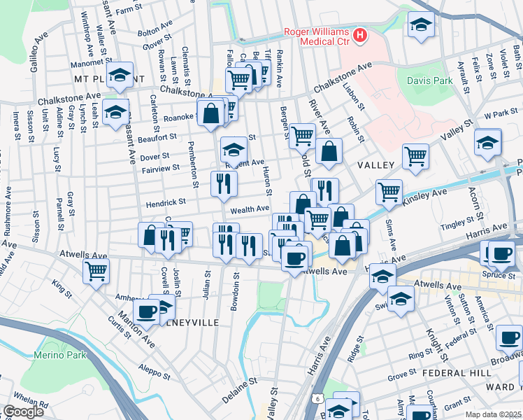map of restaurants, bars, coffee shops, grocery stores, and more near 44 Wealth Avenue in Providence