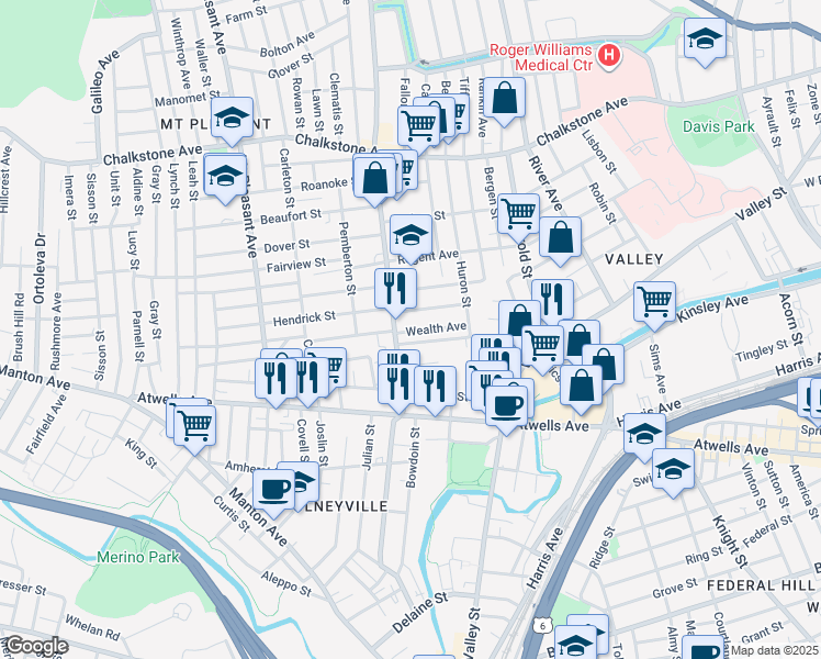 map of restaurants, bars, coffee shops, grocery stores, and more near 101 Academy Avenue in Providence