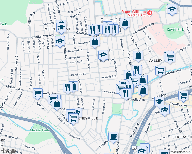 map of restaurants, bars, coffee shops, grocery stores, and more near 32 Hendrick Street in Providence