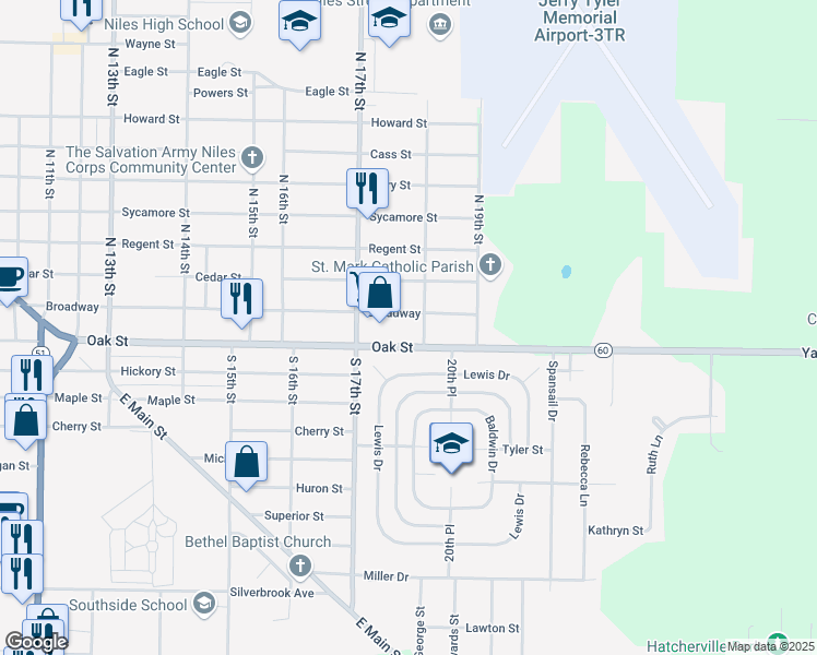 map of restaurants, bars, coffee shops, grocery stores, and more near 19 South 18th Street in Niles