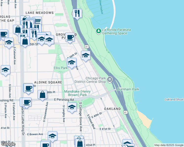 map of restaurants, bars, coffee shops, grocery stores, and more near 3801 South Lake Park Avenue in Chicago